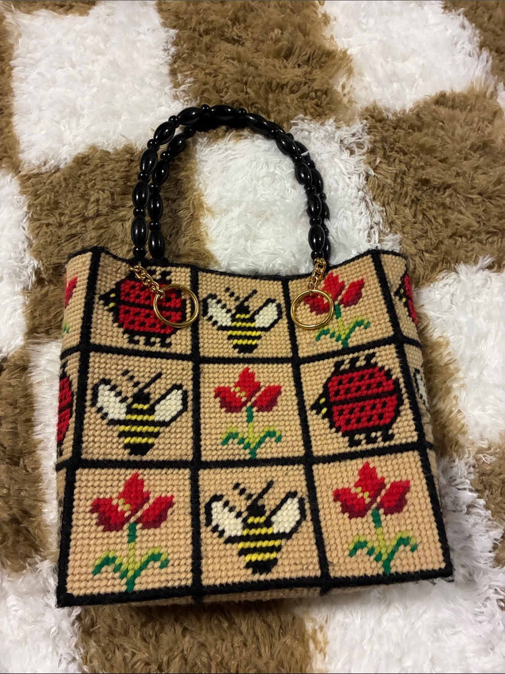 Handmade Beige Cross-Stitch Bee & Flower Tote Bag